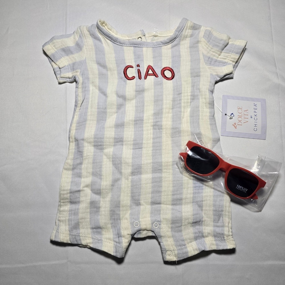 Chickpea La Dolce Vita Baby Boy Romper Set Ciao Stripe Sunglasses 3-6M NWT